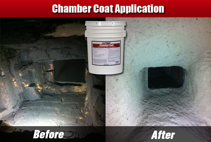 Chamber Coat Application Before chimney brick with cracks and gaps and After with a white smooth surface