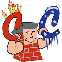 C and C logo - A chimney with arms and a face each hand holding a C