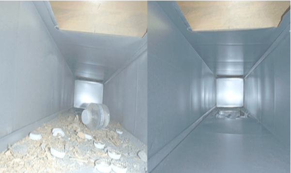 Commerical Air Duct Cleaning - Before with Plastic water bottle and bottle caps And After very nice and clean ductwork