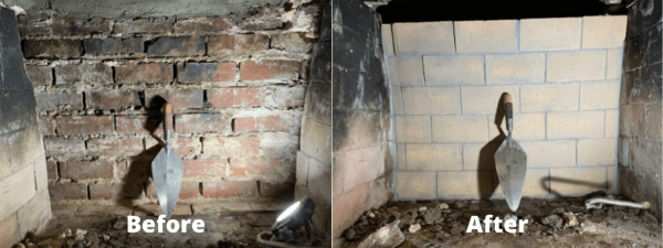 Before repair cracks and gaps & After repairing a damaged firebox new fire brick and mortar