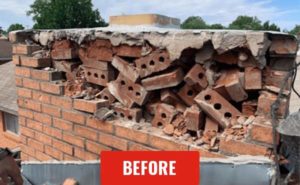 Brick chimney rebuild - crumbling and fallen bricks before rebuild