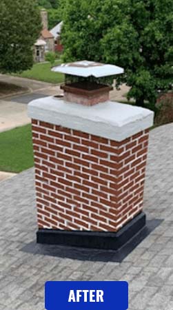 Beautiful chimney after rebuilt total new brick chimney, crown and cap with trees in background