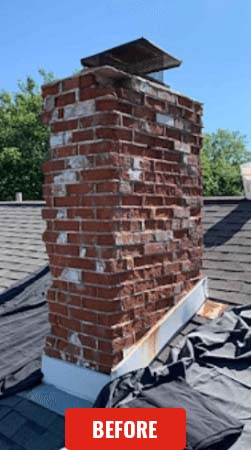 Chimney needs repair - has spalling and rusted flashing with drop cloth on roof