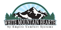 White Mountain Hearth Products logo with mountains and pine trees in the background