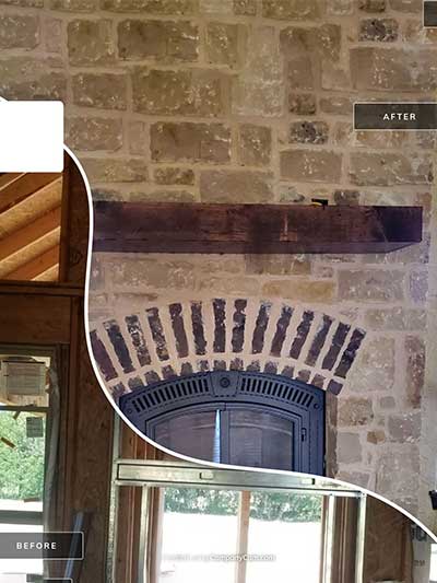 Napoleon before/after photo of window and then installed insert and wooden mantel