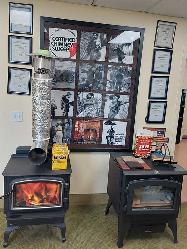two wood stoves in showroom with certifications and awards framed on the wall