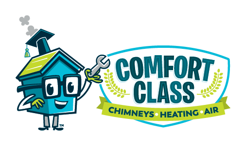 Blue and green house character next to the words "Comfort Class Chimneys, Heating, Air"